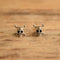 silver skull earrings on wood background
