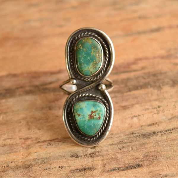 A sterling silver ring with two turquoise cabochon stones, displayed on a rustic wooden surface.