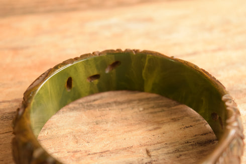 Green Rose Carved & Pierced Marbled Bakelite Bangle