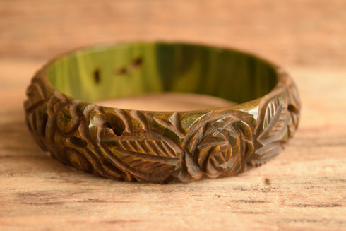 Green Rose Carved & Pierced Marbled Bakelite Bangle