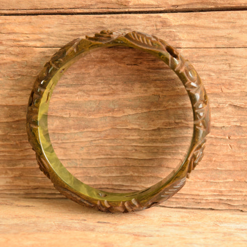 Green Rose Carved & Pierced Marbled Bakelite Bangle