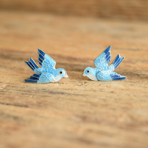 Blue Bird Enamel Earrings