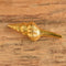 A gold toned spiral shell shaped vintage brooch on woodbackground.