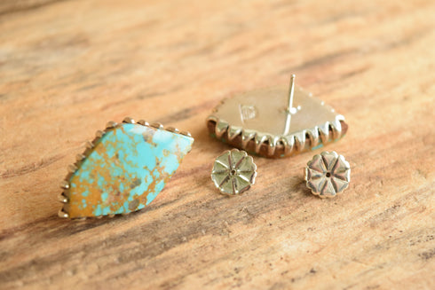 Turquoise Stud Earrings - Navajo Debbie Silversmith - White Hogan