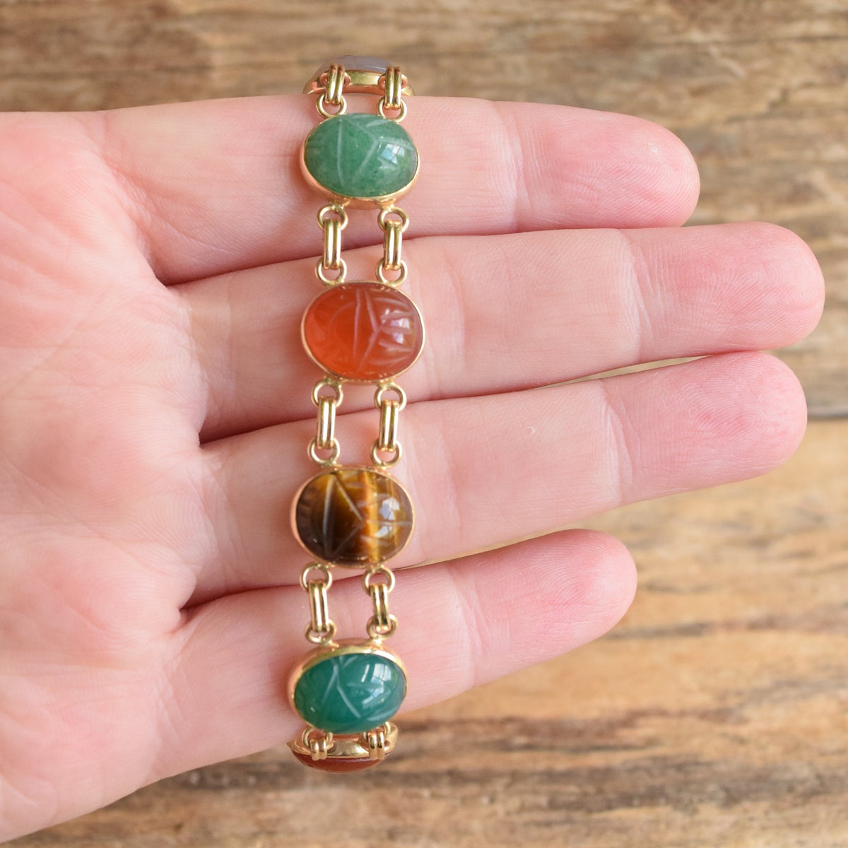 14k Yellow Gold Oval Scarab Bracelet – 8 Inch Handmade Gemstone Bracelet With Tiger Eye, Rose Quartz, Black Onyx & Carnelian, Bezel Set