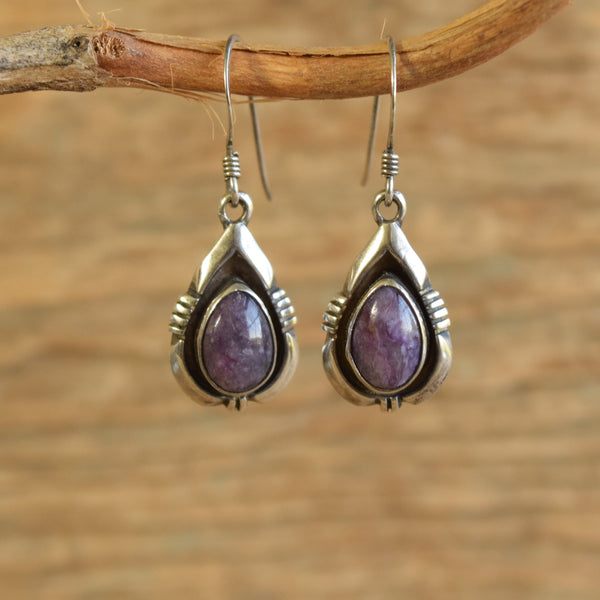 Purple Charoite Teardrop Navajo Dangle Earrings