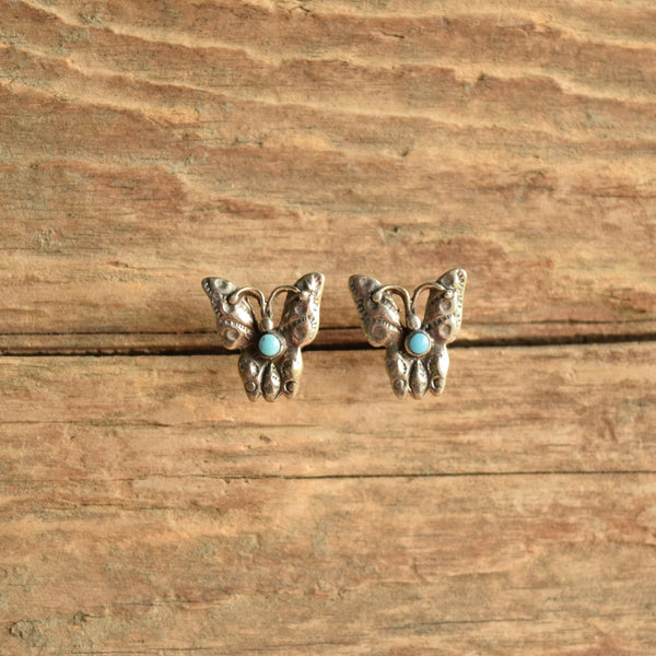 Stamped silver and turquoise butterfly post earrings