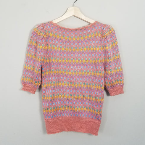 Multi Colored Checkered Puff Sleeve Sweater
