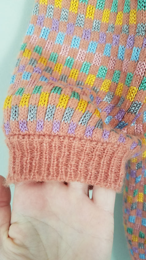 Multi Colored Checkered Puff Sleeve Sweater