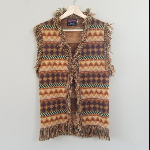 1970's Brown and tan Fringe edge sweater vest on hanger