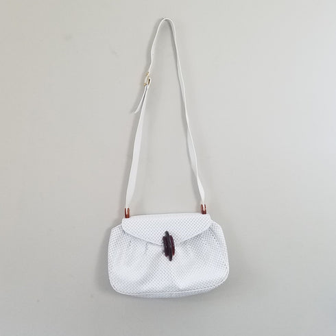 Vintage White Woven Leather Cross Body Bag with Brown Plastic Clasp