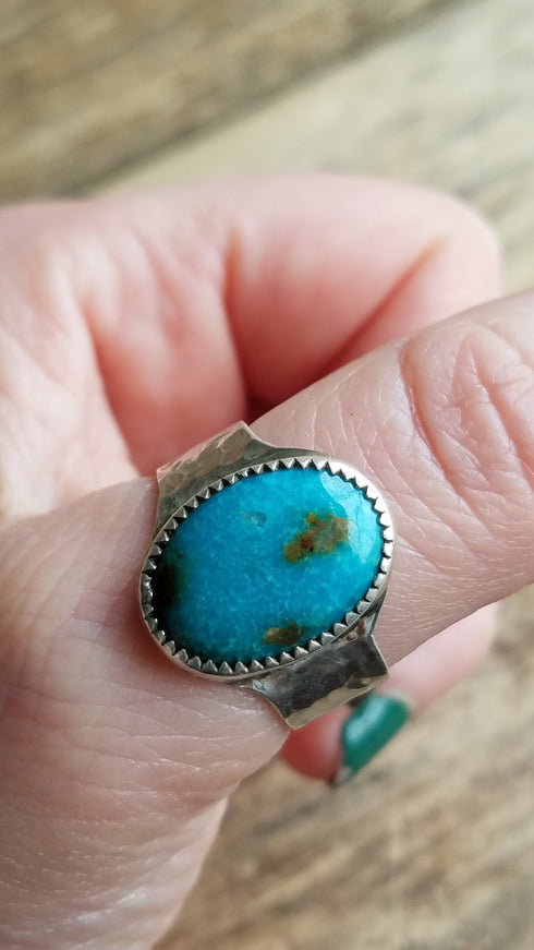 Turquoise Hammered Silver Ring - Size 9.75