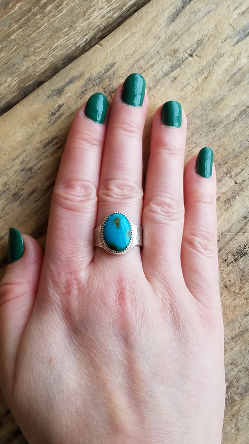 Turquoise Hammered Silver Ring - Size 9.75