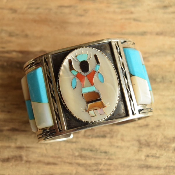 dancing kachina inlay Zuni cuff vintage