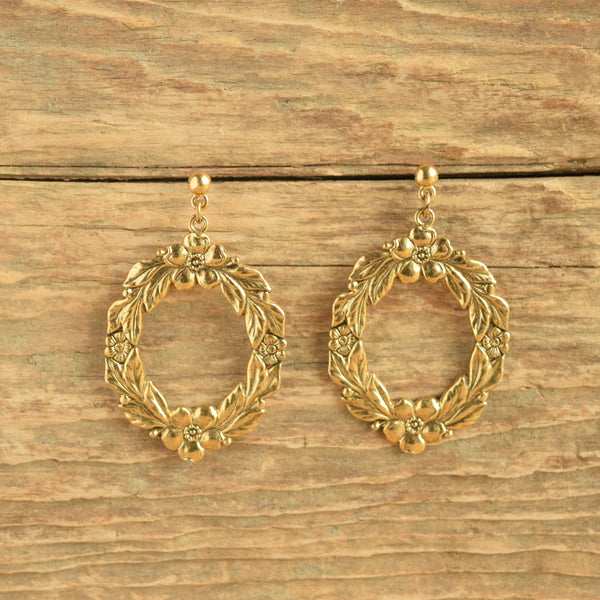 Floral Wreath Drop Earrings Gold tone Forget me nots