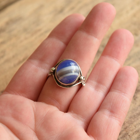 Domed banded agate ring in blue size 10