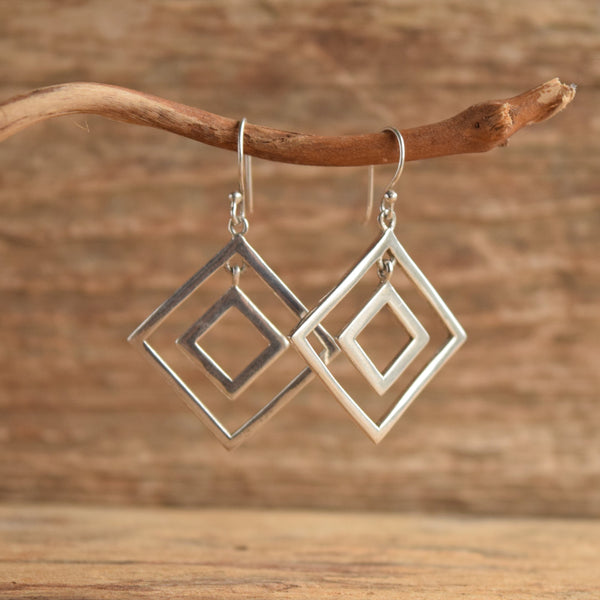 Square in square dangle sterling silver earrings