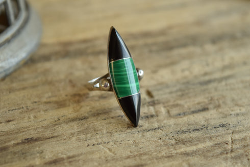 Onyx & Malachite Marquise Ring - Size 7.5