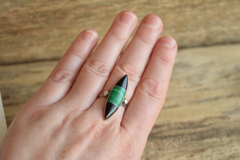 Onyx & Malachite Marquise Ring - Size 7.5