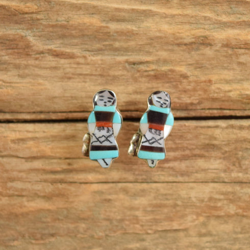 Corn Maiden Zuni Stud Earrings on wood background