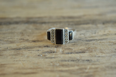 Onyx & Marcasite Ring - Size 8.25