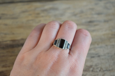 Onyx & Marcasite Ring - Size 8.25