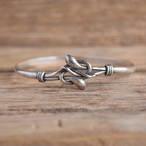 Dual Snake Sterling Silver Bangle Bracelet on Wood Background