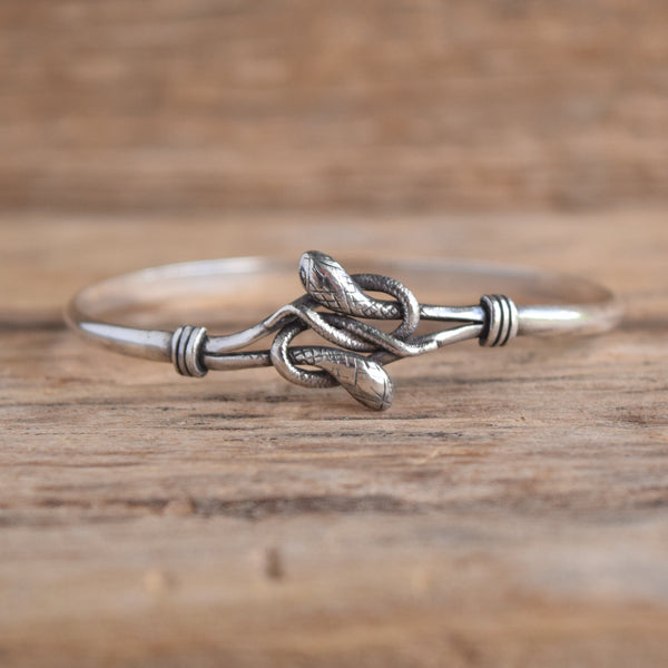 Dual Snake Sterling Silver Bangle Bracelet on Wood Background