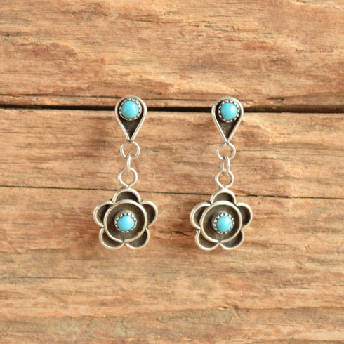 Turquoise Flower Silver Drop Studs