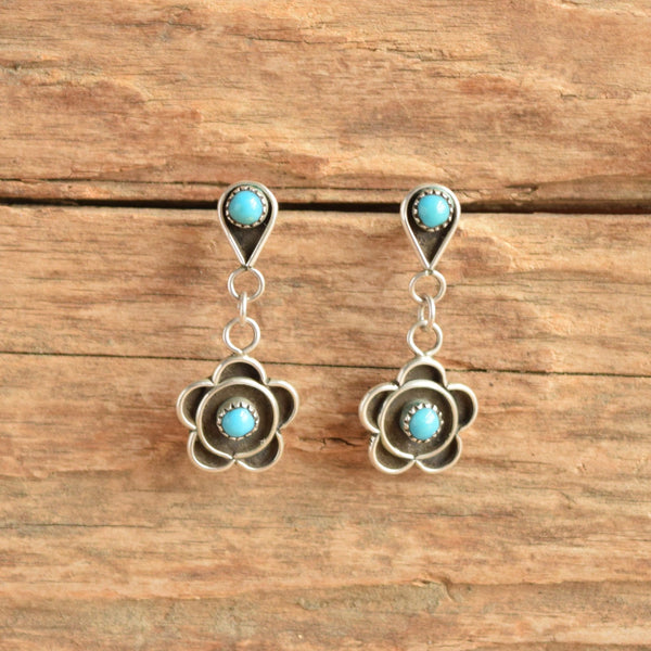 Turquoise Flower Silver Drop Studs