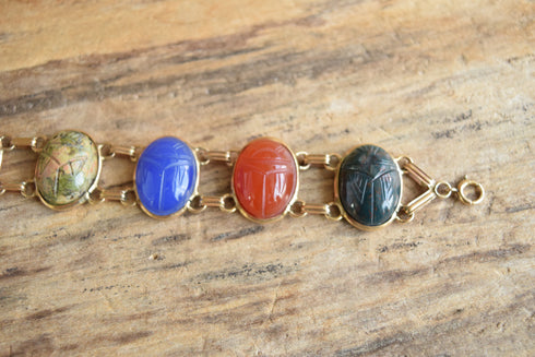 Large Gemstone Scarab Bracelet - 14K Yellow Gold Filled