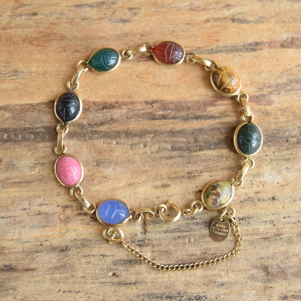Vintage scarab beetle gemstone bracelet - gold filled