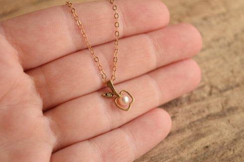 Dainty Apple Pendant Necklace - 9k Gold Diamond & Pearl