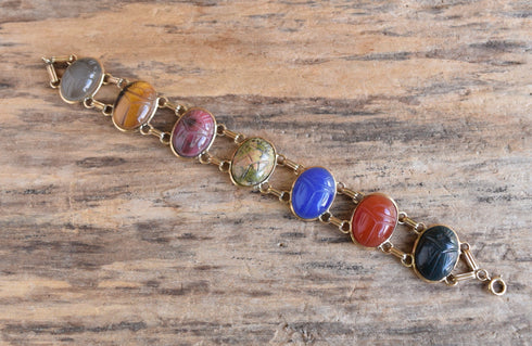 Large Gemstone Scarab Bracelet - 14K Yellow Gold Filled