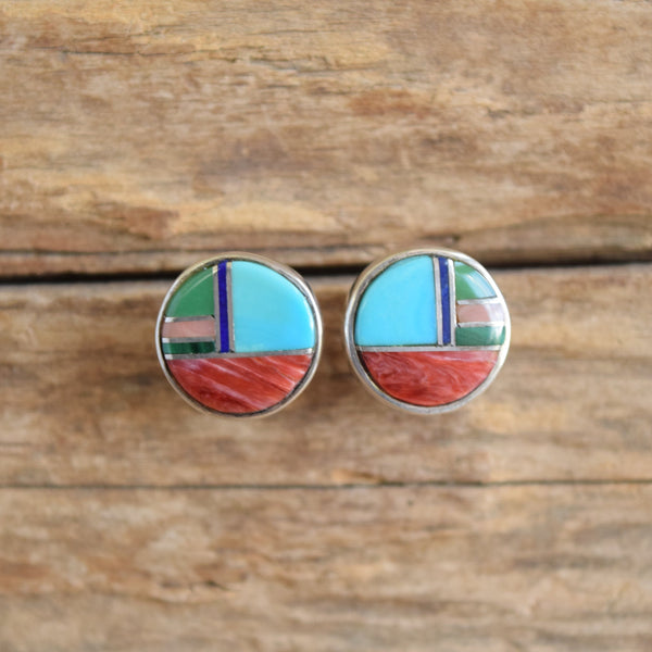 Turquoise and Spiny oyster inlay round Native American Earrings