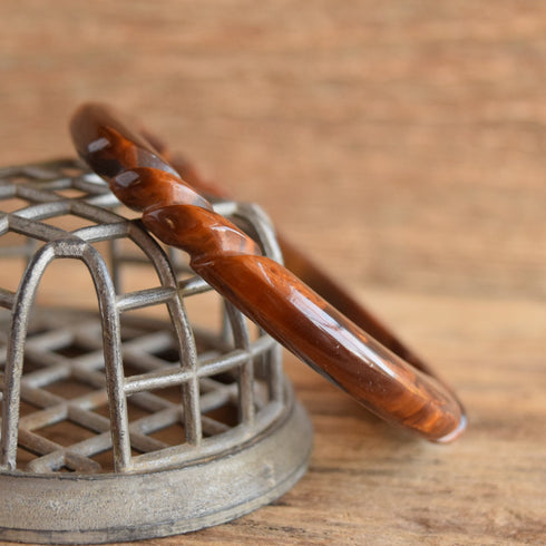 Carved Brown Marbled Bakelite Bangle