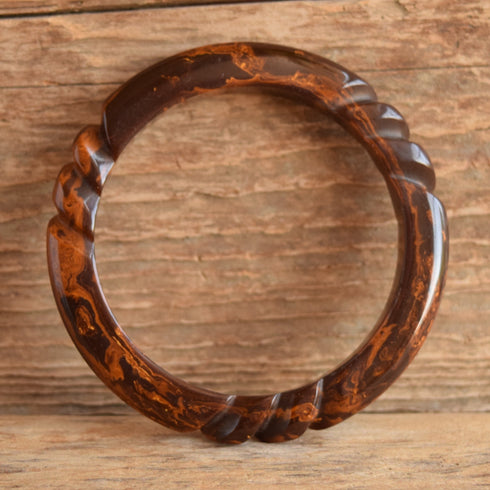 Carved Brown Marbled Bakelite Bangle