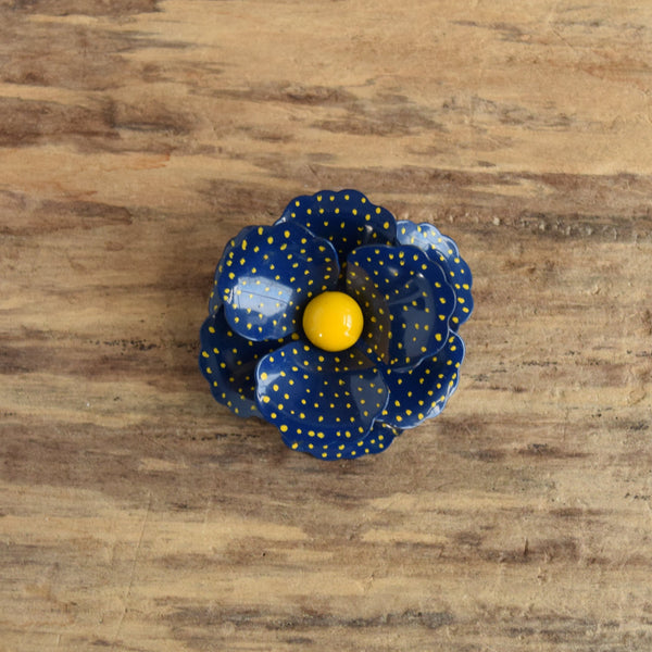 Vintage Blue and Yellow Metal Flower Brooch