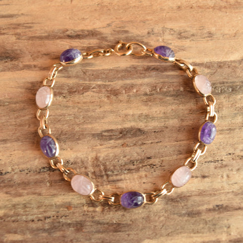 Amethyst and Rose Quartz Scarab Bracelet - 14 K Gold Filled