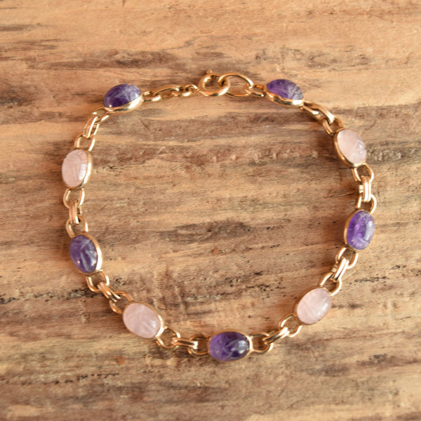 Amethyst and Rose Quartz Scarab Bracelet - 14 K Gold Filled