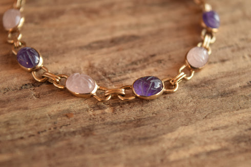 Amethyst and Rose Quartz Scarab Bracelet - 14 K Gold Filled