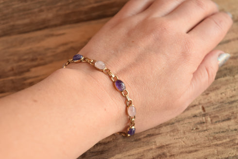 Amethyst and Rose Quartz Scarab Bracelet - 14 K Gold Filled