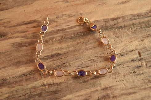 Amethyst and Rose Quartz Scarab Bracelet - 14 K Gold Filled