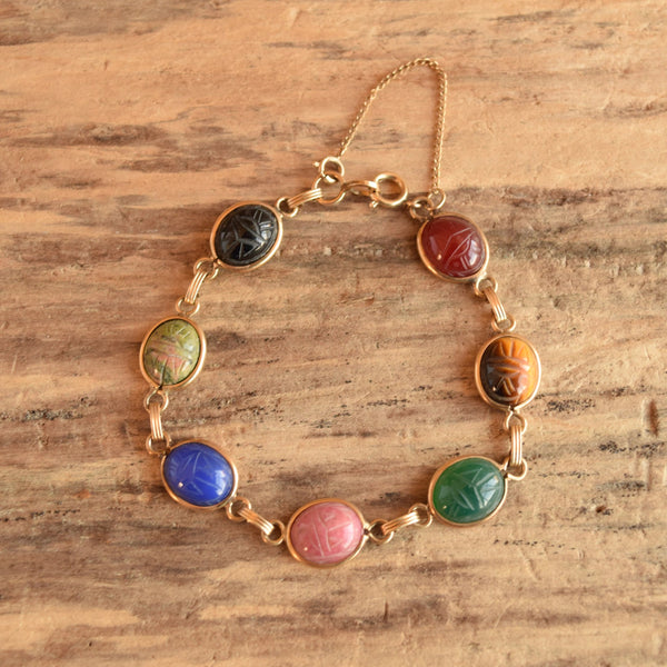 Vintage Carved Gemstone Scarab bracelet 12k gf
