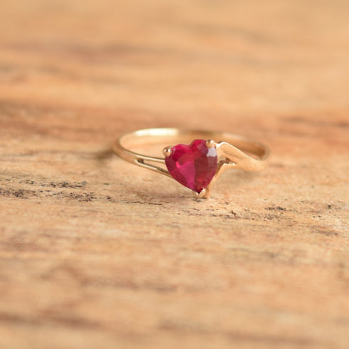 Heart Shaped Created Ruby Ring - 10K Yellow Gold
