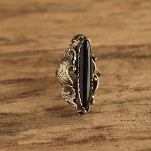 Long Onyx Ring with Floral Detail - Size 10