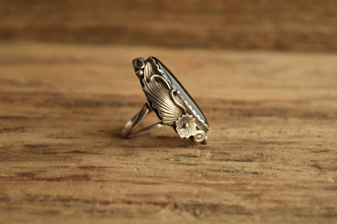 Long Onyx Ring with Floral Detail - Size 10