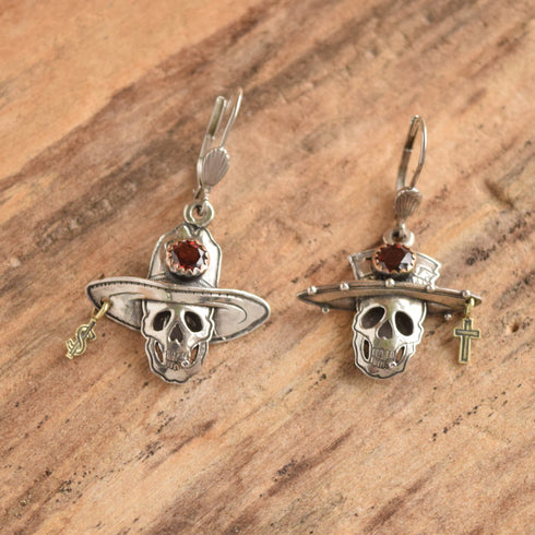 Garnet & Sterling Skull Earrings - Kit Carson