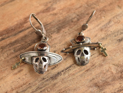 Garnet & Sterling Skull Earrings - Kit Carson
