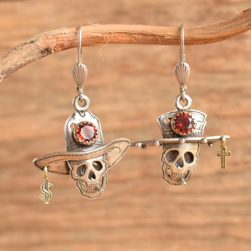Garnet & Sterling Skull Earrings - Kit Carson